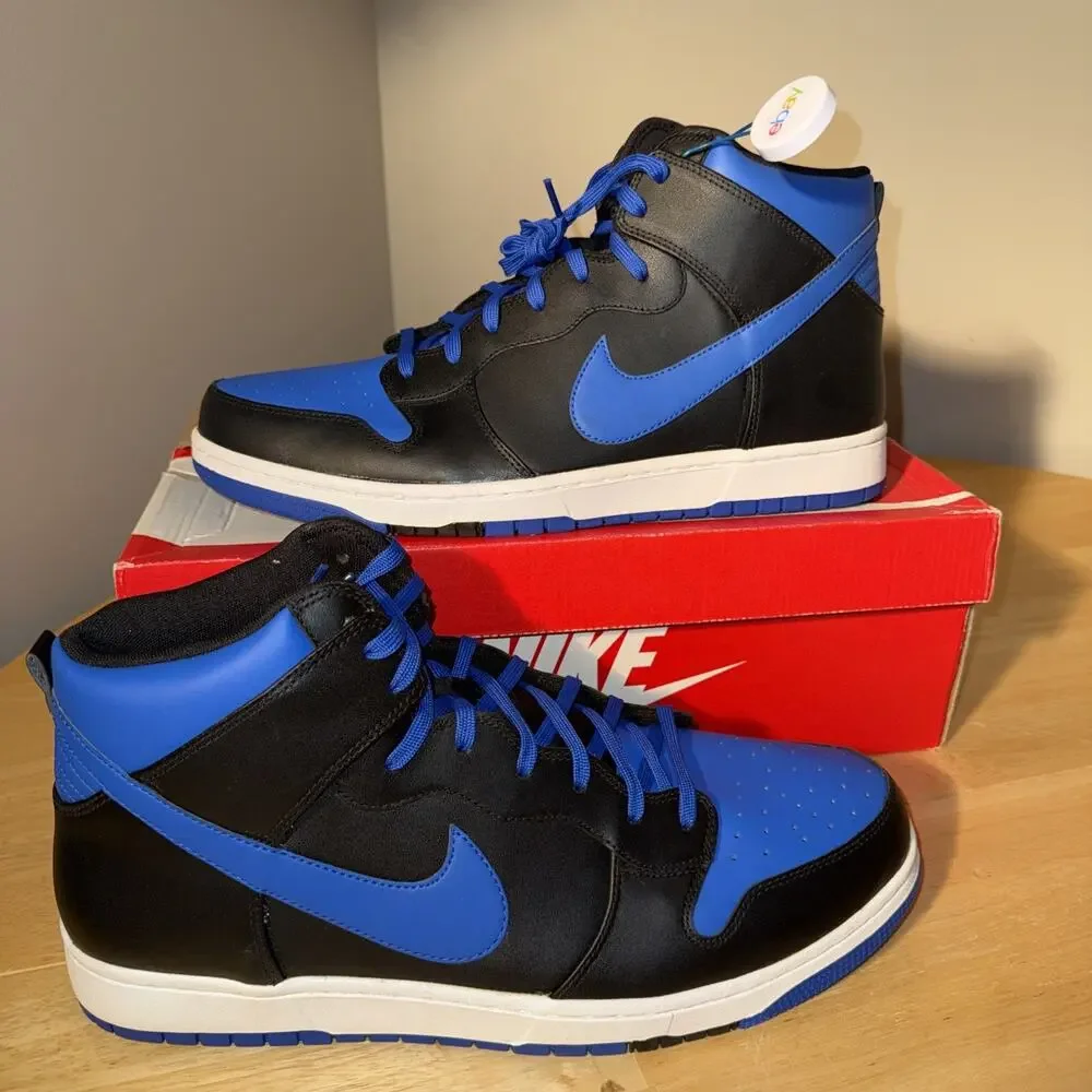 Size 14 - Nike Dunk High Black - Royal COMFORT 317982-049 Damaged Box Dead Stock